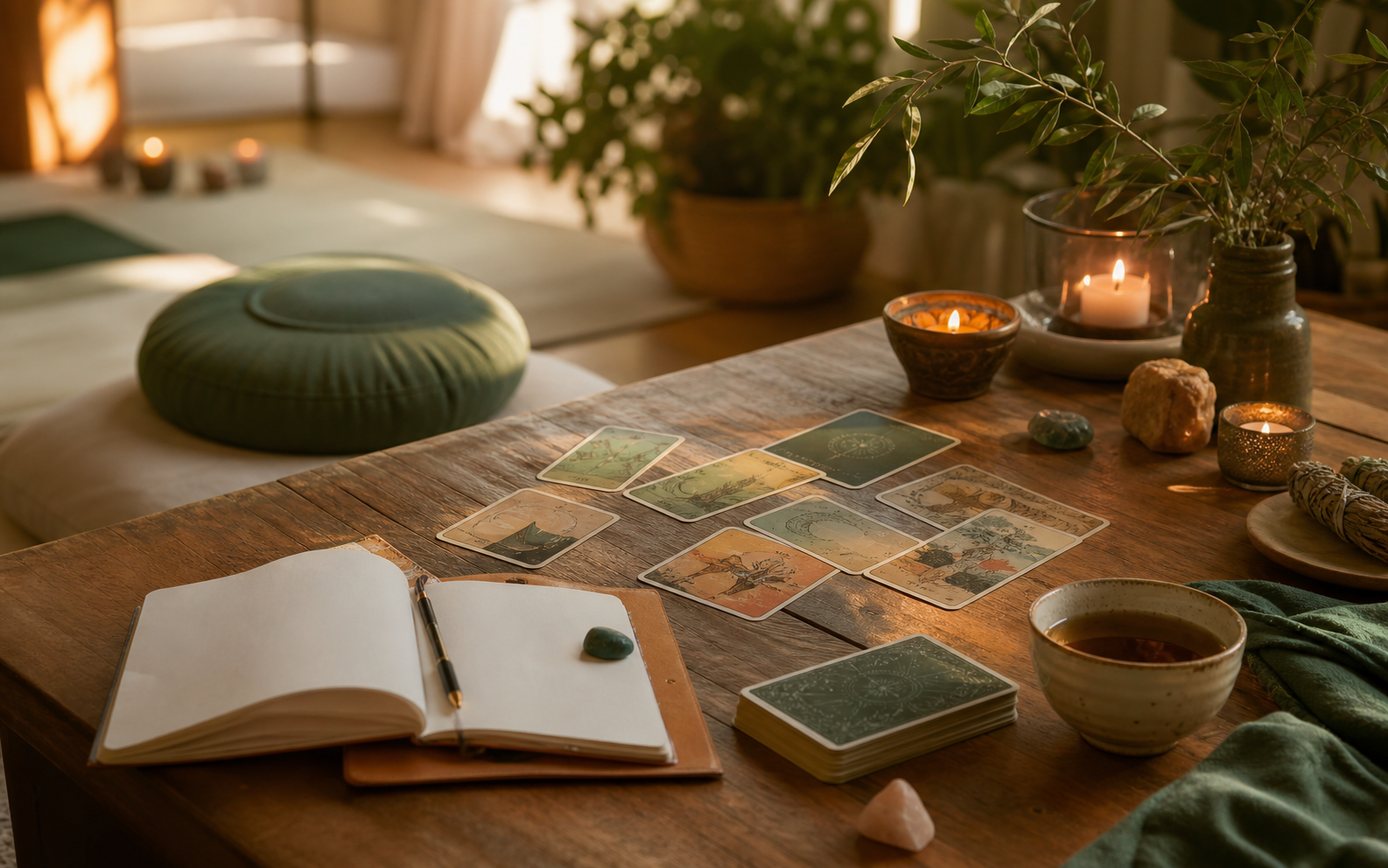 Reflective wellness table with cards and journal