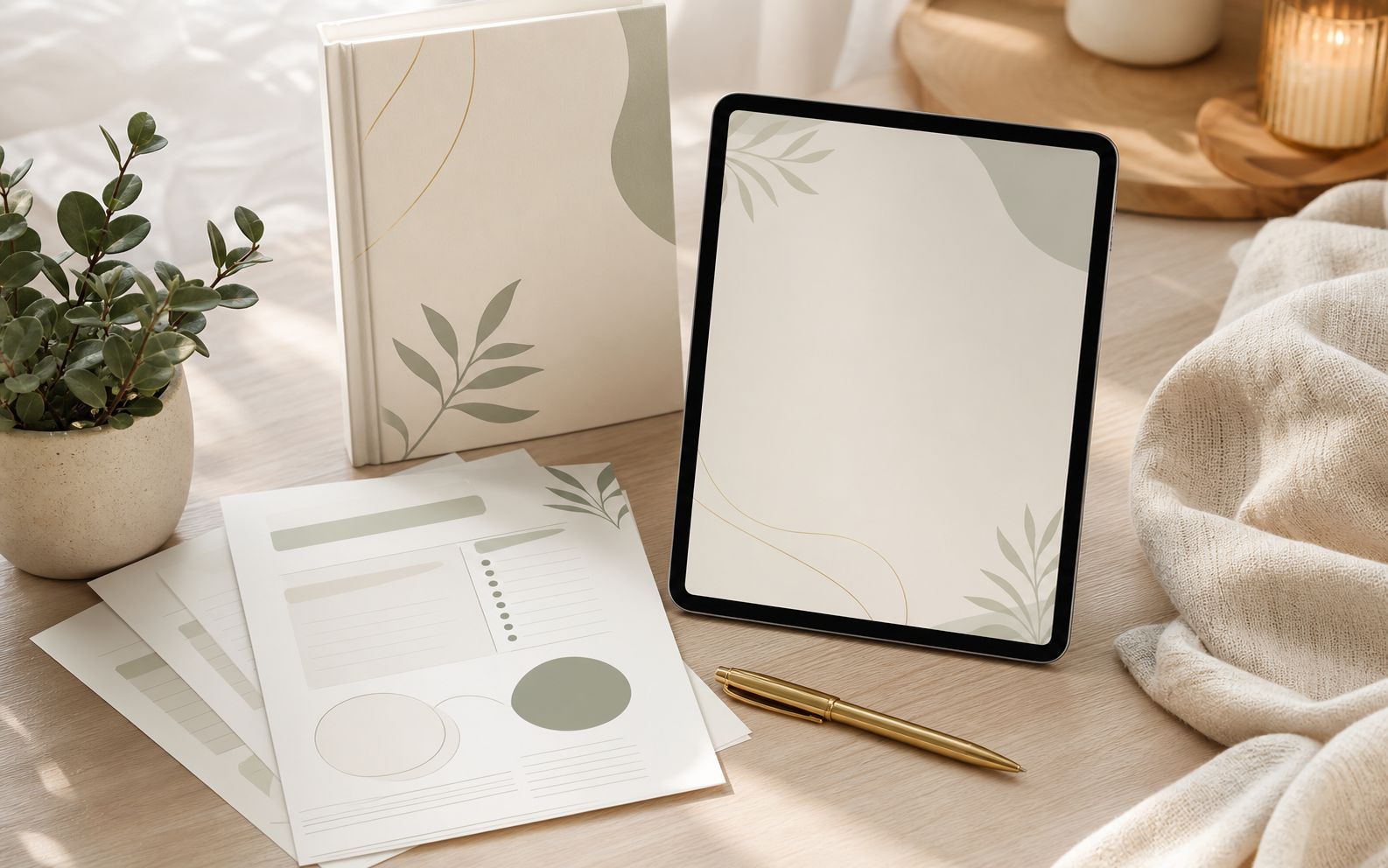 Ebook workbook, tablet, worksheets, and pen
