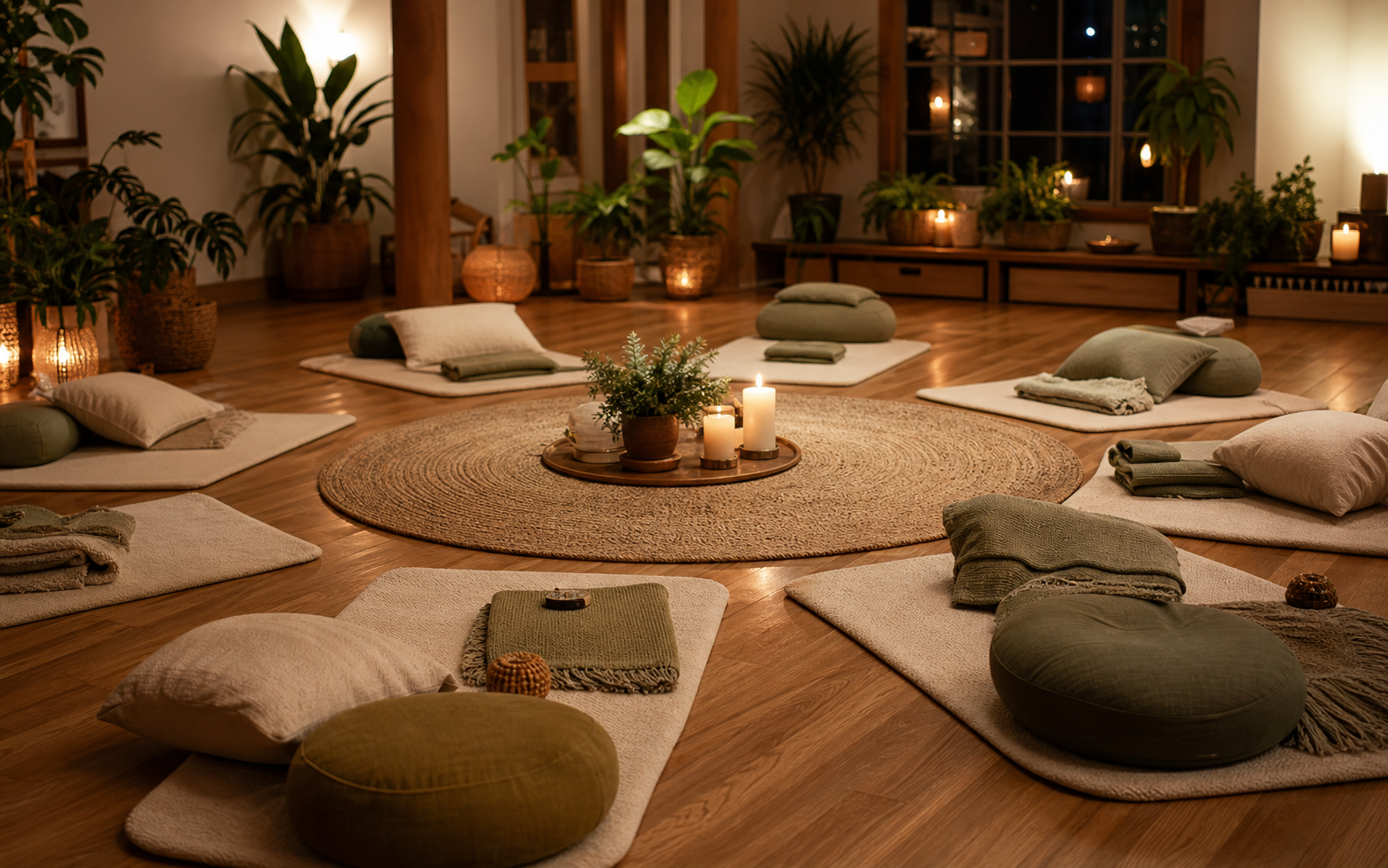 Small wellness event room with cushions and candles