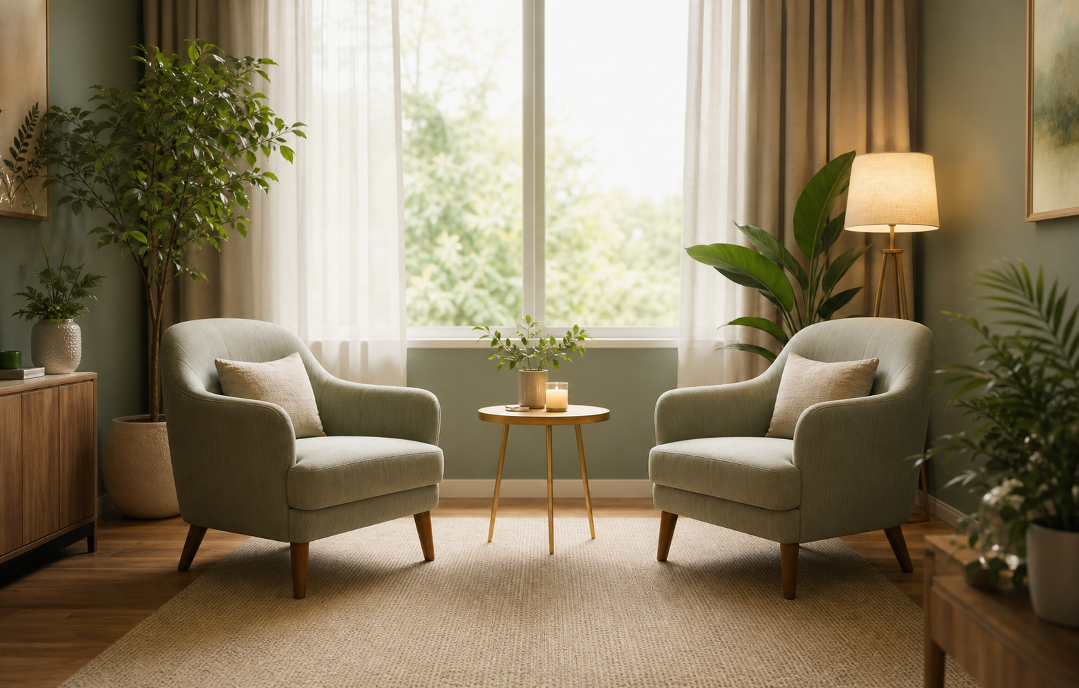 Calm hypnotherapy room with two chairs