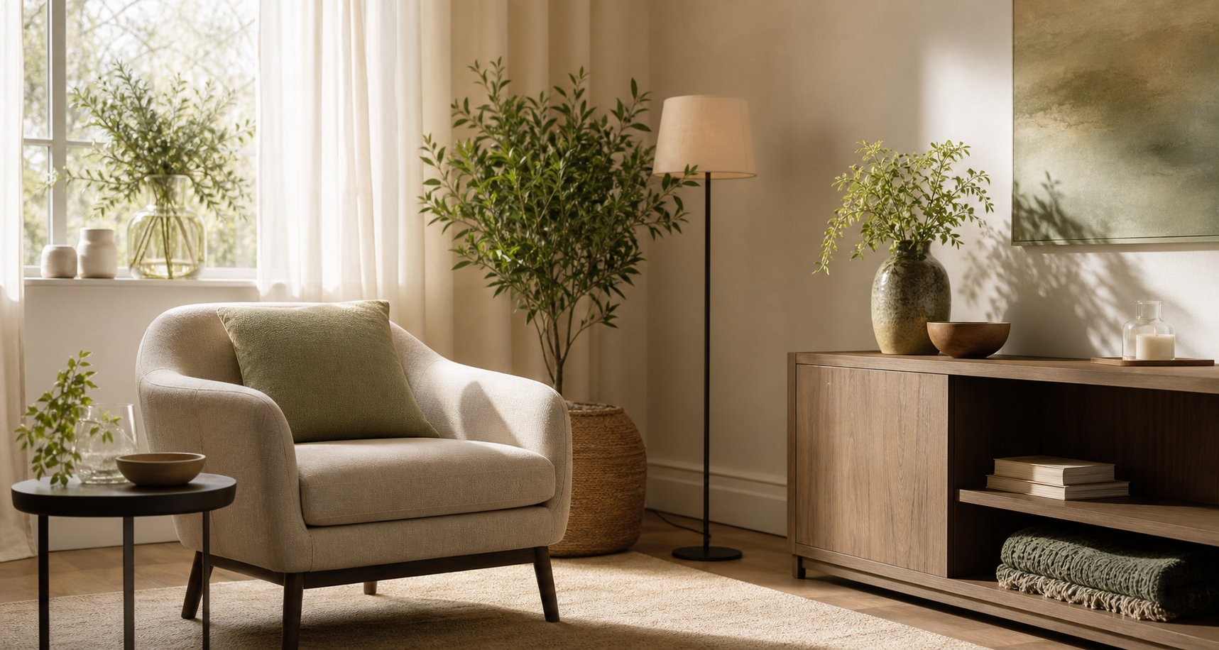 Peaceful therapy space with plants and warm daylight